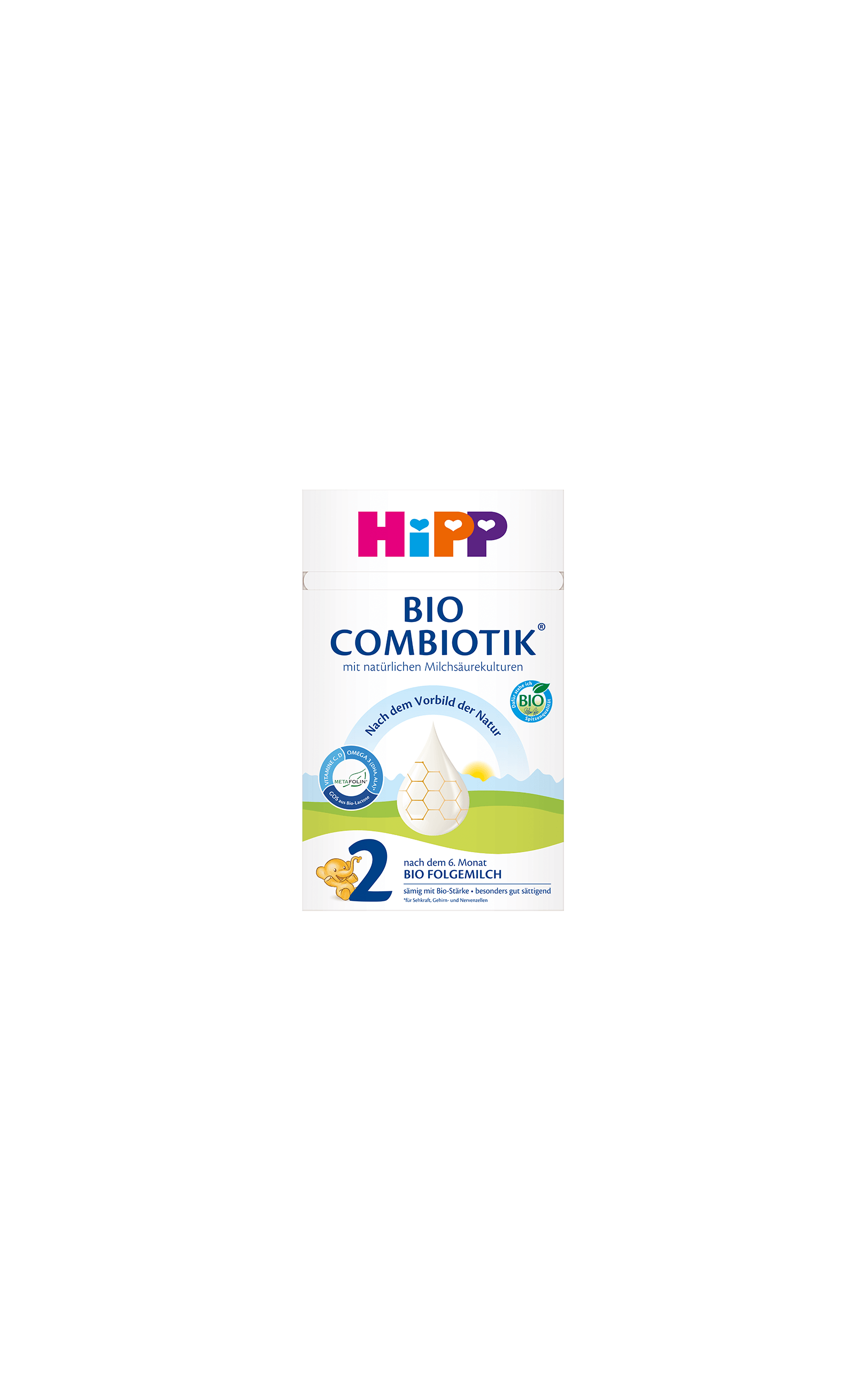 HiPP Bio Combiotik 2 Bio Folgemilch 600g Packung für Babys nach dem 6. Monat auf schwarzem Hintergrund