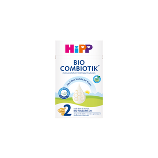 HiPP Bio Combiotik 2 Bio Folgemilch 600g Packung für Babys nach dem 6. Monat auf schwarzem Hintergrund
