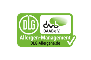 Grünes DLG- und DAAB e.V.-Siegel mit Aufschrift „Allergen-Management“ und Webadresse „DLG-Allergene.de“ als Zeichen geprüfter Sicherheit.