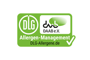 Grünes DLG- und DAAB e.V.-Siegel mit Aufschrift „Allergen-Management“ und Webadresse „DLG-Allergene.de“ als Zeichen geprüfter Sicherheit.