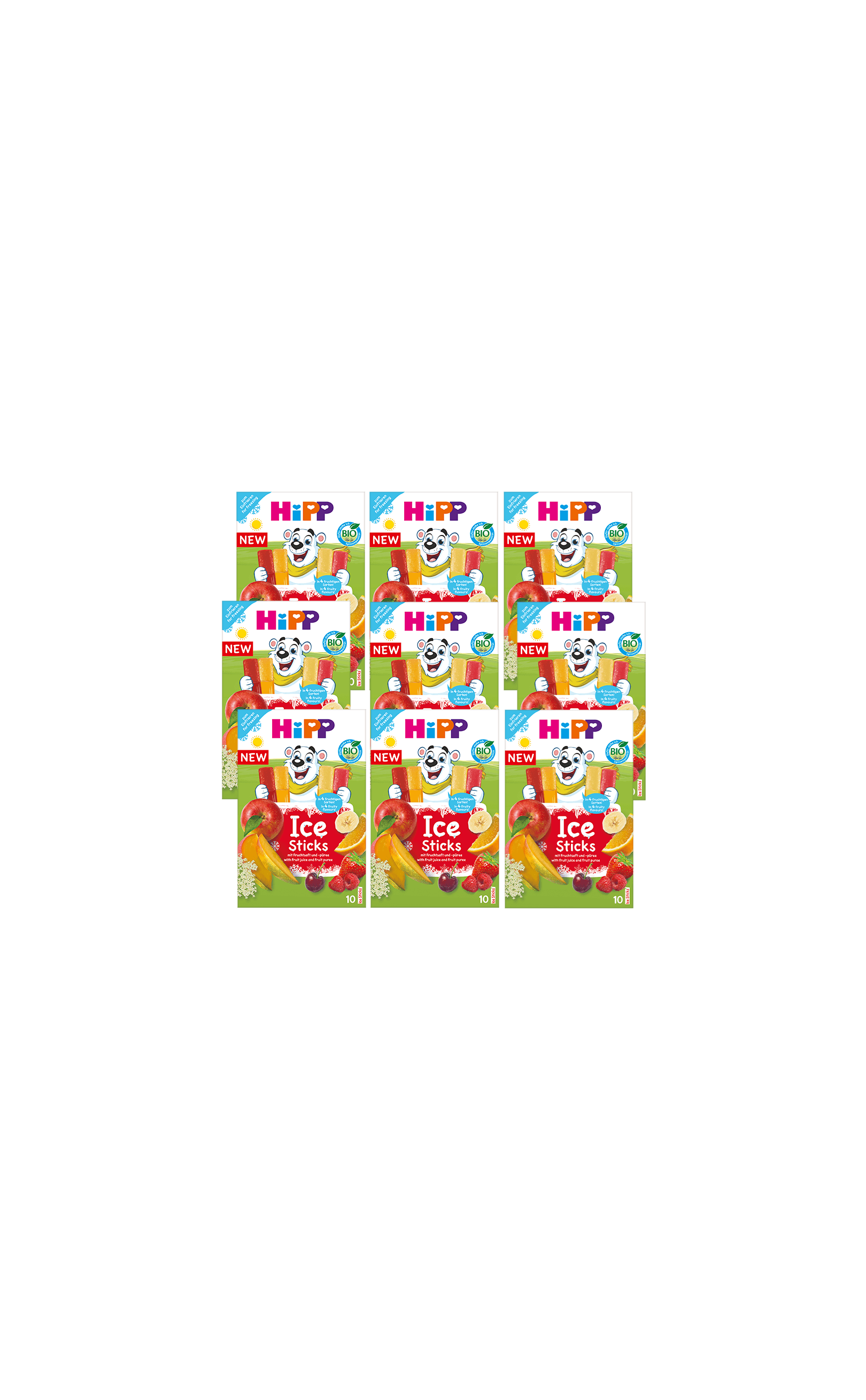 HiPP Bio Ice Sticks Multipack 90x40ml mit fruchtigen Motiven und fröhlichem Eisbären auf den Verpackungen