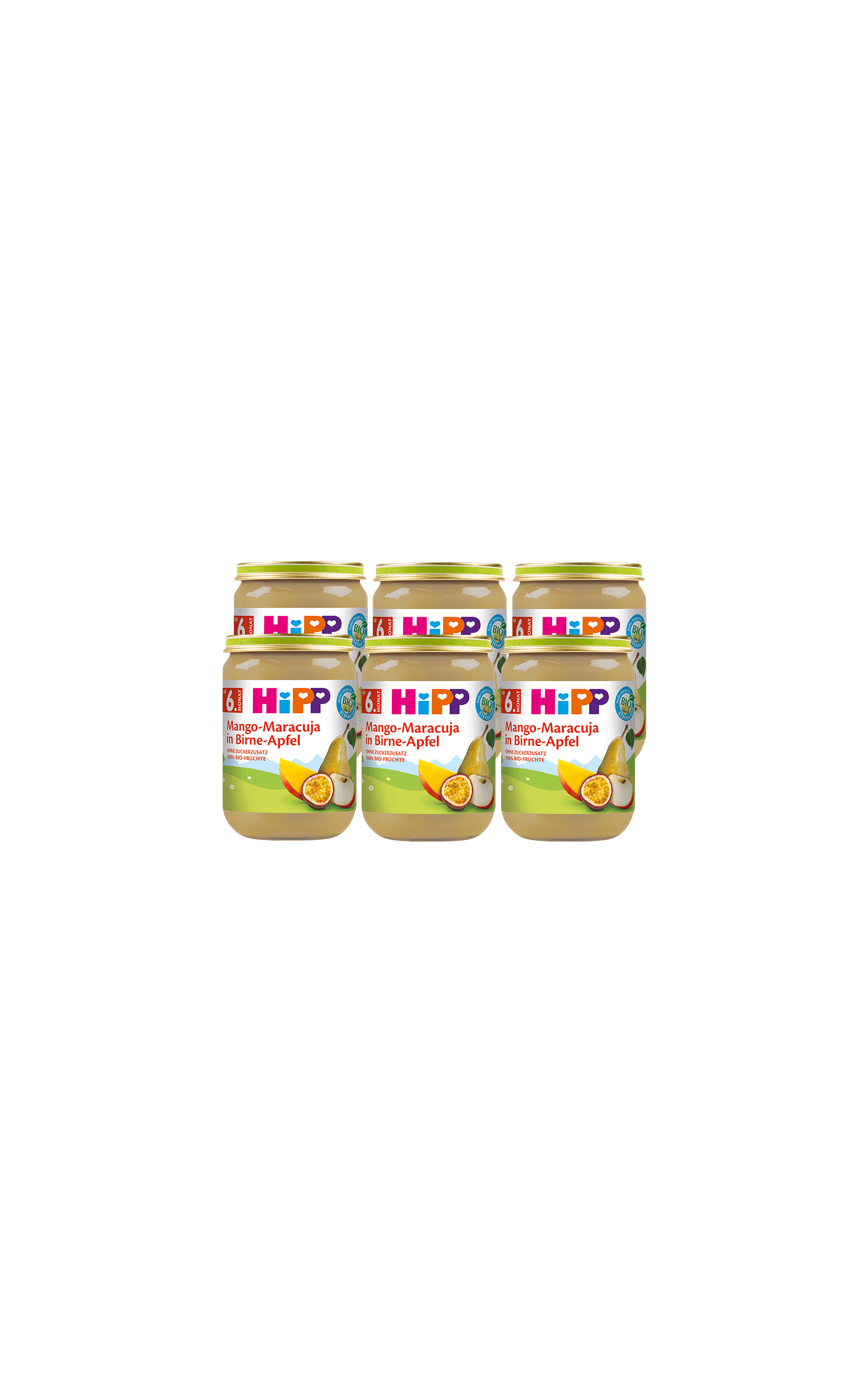 Sechserpack HiPP Bio-Babygläschen Mango-Maracuja in Birne-Apfel, 6×190g, vor schwarzem Hintergrund angeordnet