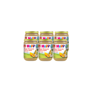 Sechserpack HiPP Bio-Babygläschen Mango-Maracuja in Birne-Apfel, 6×190g, vor schwarzem Hintergrund angeordnet
