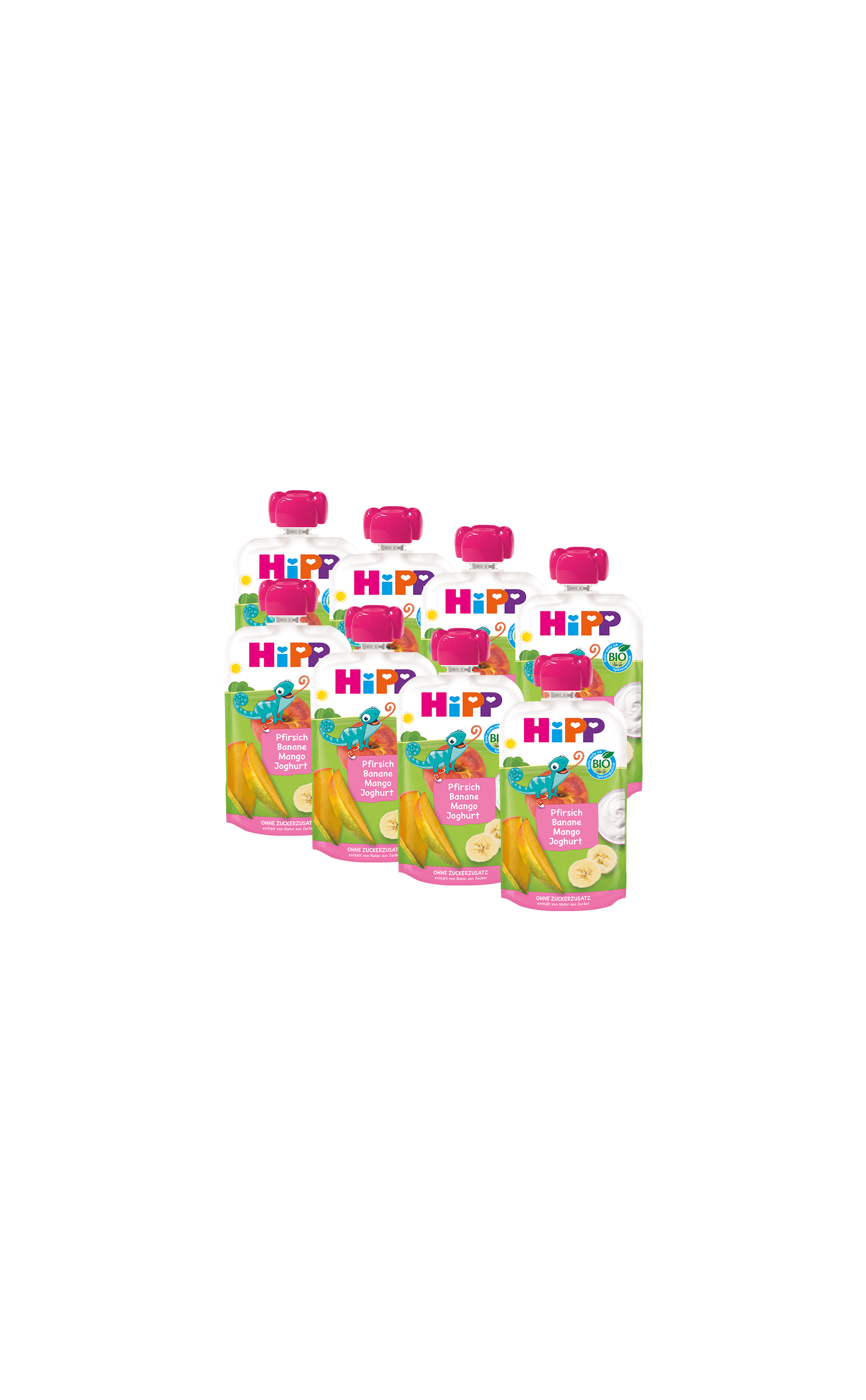 8er-Pack HiPP Bio-Quetschbeutel Pfirsich-Banane-Mango mit Joghurt für Babys, vorne vor schwarzem Hintergrund angeordnet