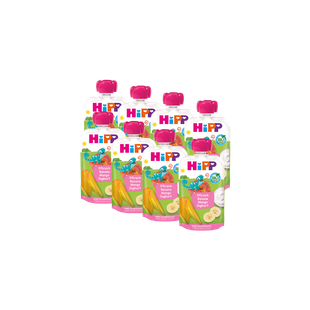 8er-Pack HiPP Bio-Quetschbeutel Pfirsich-Banane-Mango mit Joghurt für Babys, vorne vor schwarzem Hintergrund angeordnet