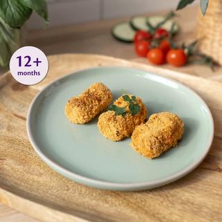 Three golden cheesy lasagne croquettes on a pastel plate, labelled suitable for babies 12+ months