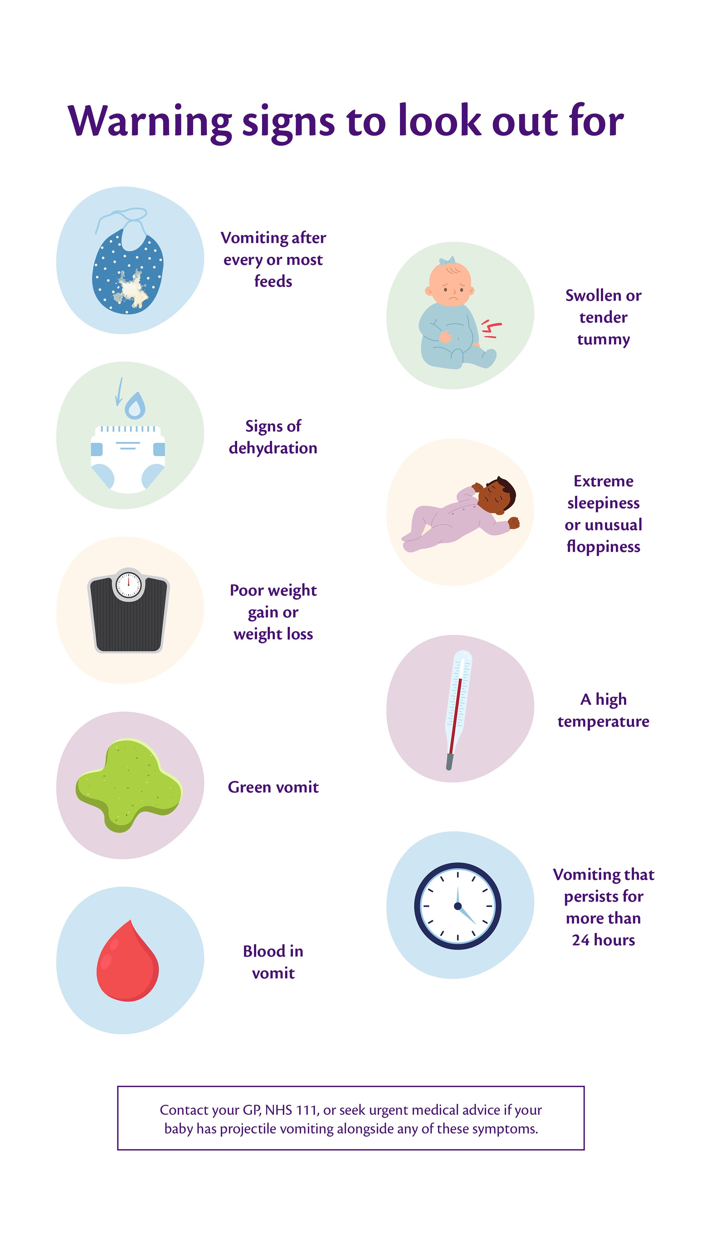 Infographic titled "Warning signs to look out for" outlining key symptoms in babies that require medical attention, accompanied by illustrative icons.