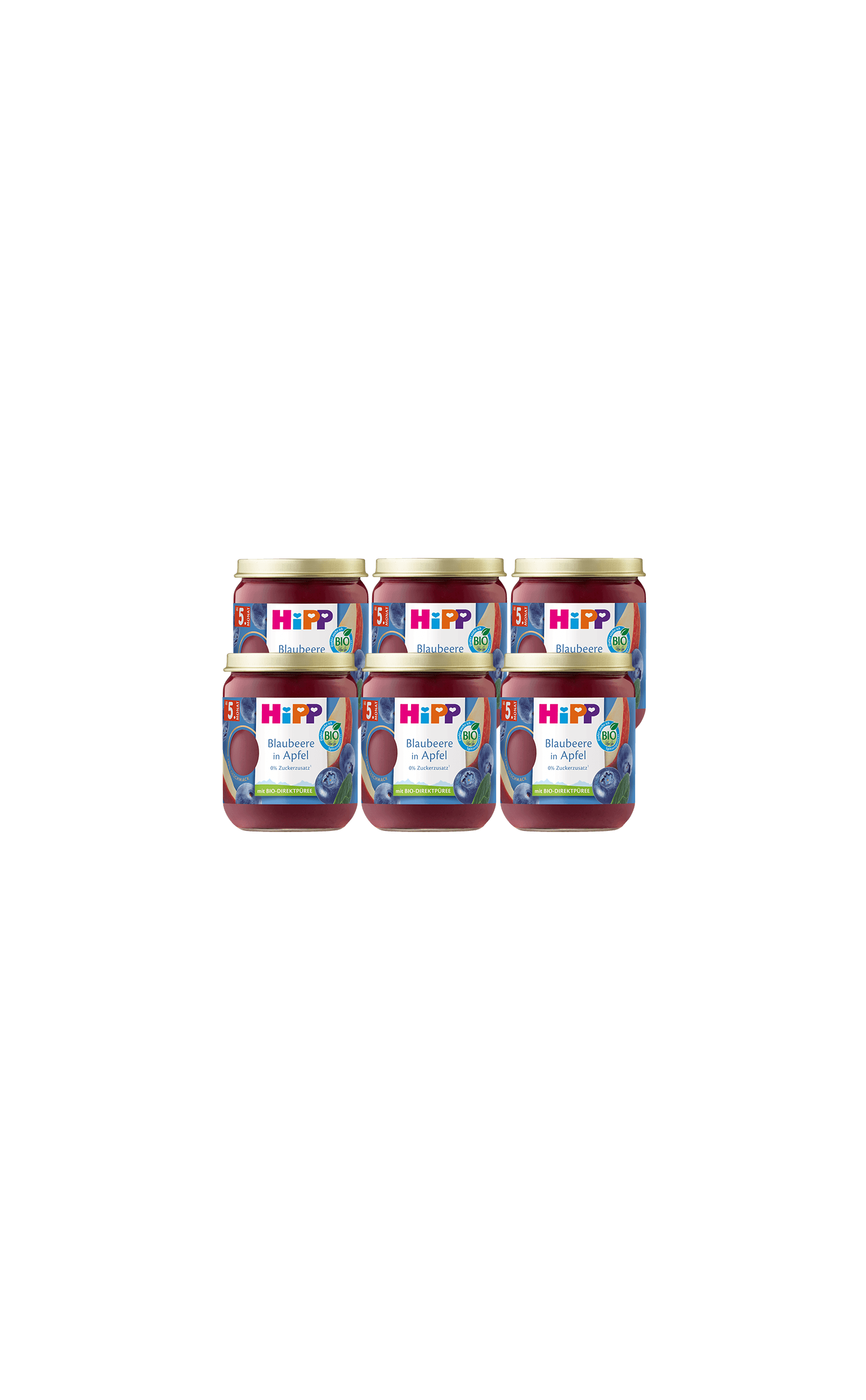 Sechserpack HiPP Bio-Babygläschen Blaubeere in Apfel, Sorte ab 5. Monat