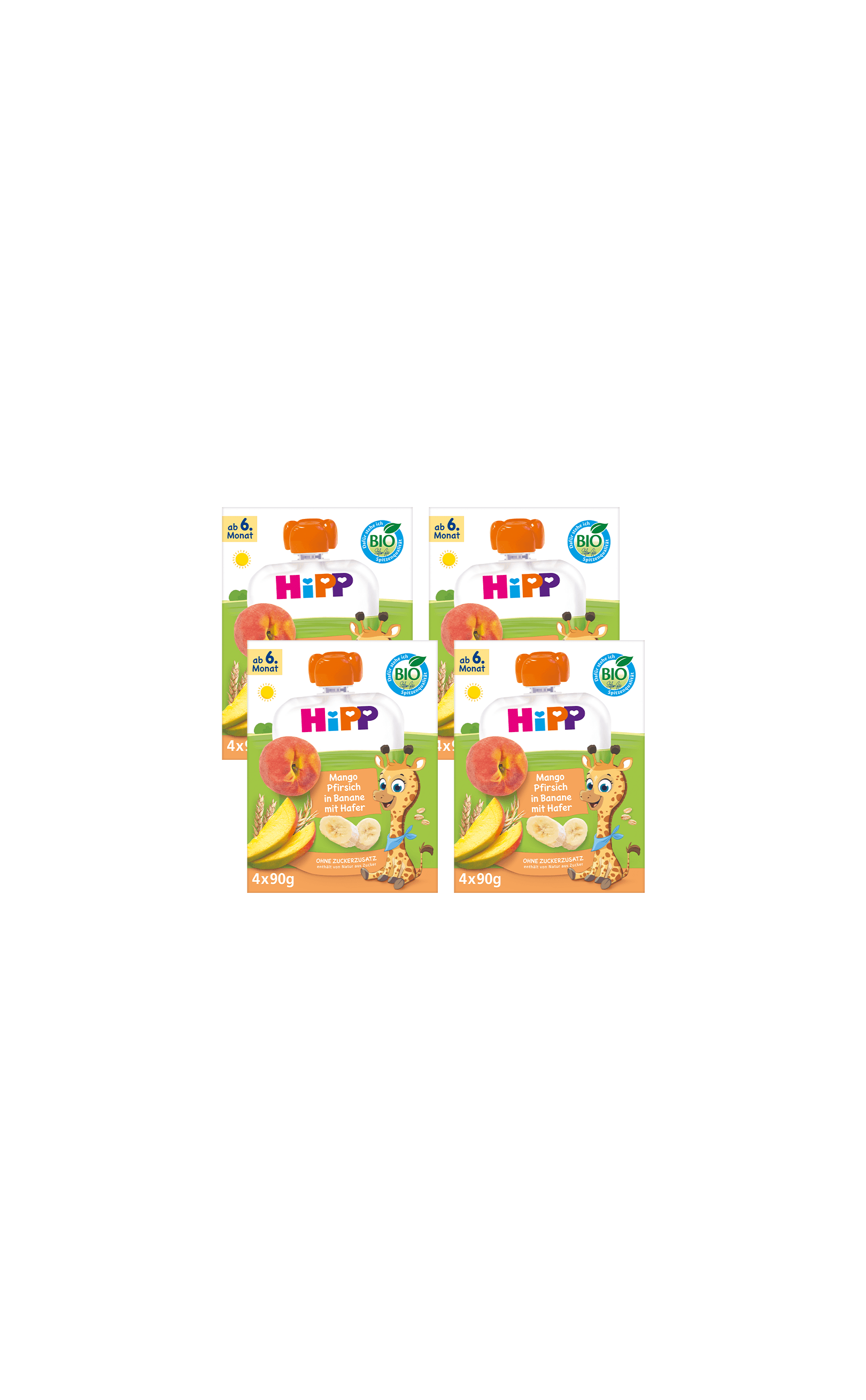 Vier HiPP Bio Quetschbeutel-Packungen Mango-Pfirsich-Banane ab 6. Monat, 4×90g, auf schwarzem Hintergrund angeordnet