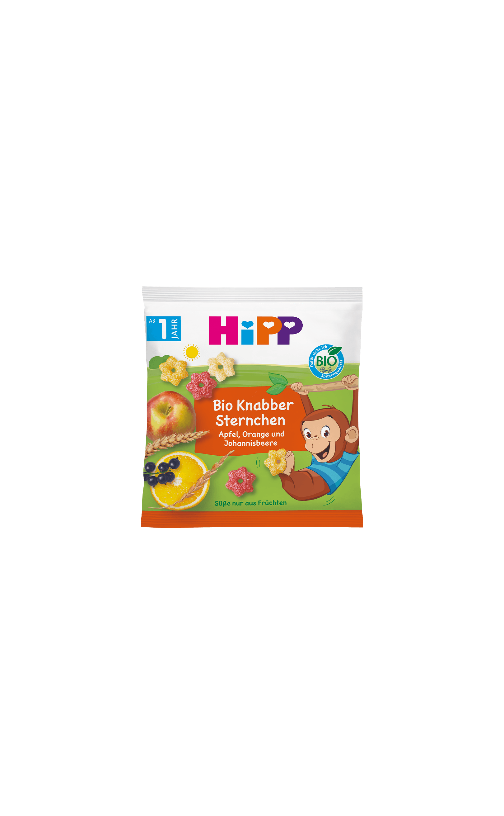 HiPP Bio Knabber Sternchen Snackpackung mit Apfel, Orange, Johannisbeere und spielendem Affenmotiv auf grün-oranger Vorderseite