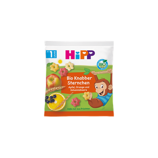 HiPP Bio Knabber Sternchen Snackpackung mit Apfel, Orange, Johannisbeere und spielendem Affenmotiv auf grün-oranger Vorderseite