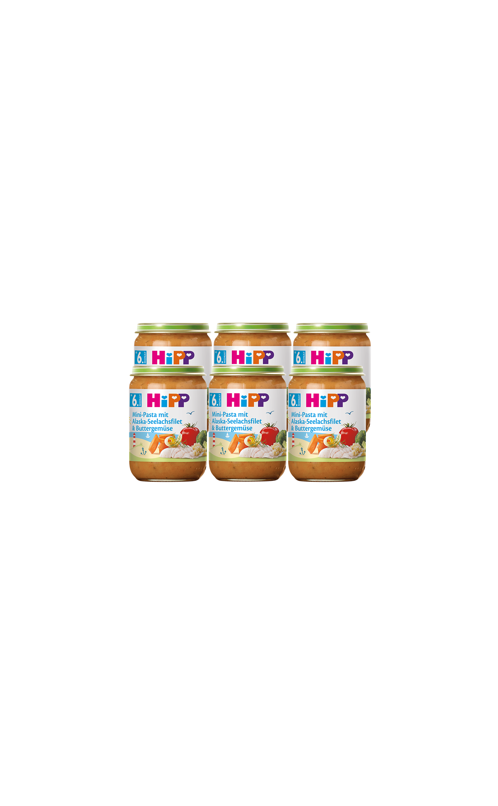 Sechserpack HiPP Gläschen Mini-Pasta mit Alaska-Seelachsfilet und Buttergemüse, 6×190 g, auf schwarzem Hintergrund
