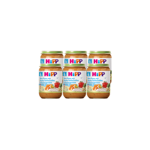 Sechserpack HiPP Gläschen Mini-Pasta mit Alaska-Seelachsfilet und Buttergemüse, 6×190 g, auf schwarzem Hintergrund