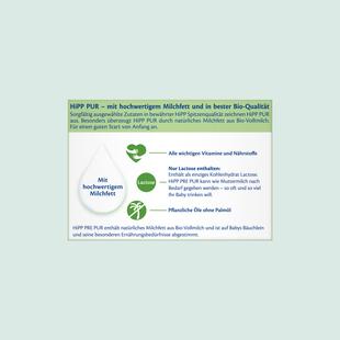 Infografik mit Text zu HiPP PUR Milchfett, Vitaminen, Nährstoffen, Lactosegehalt und pflanzlichem Öl ohne Palmöl