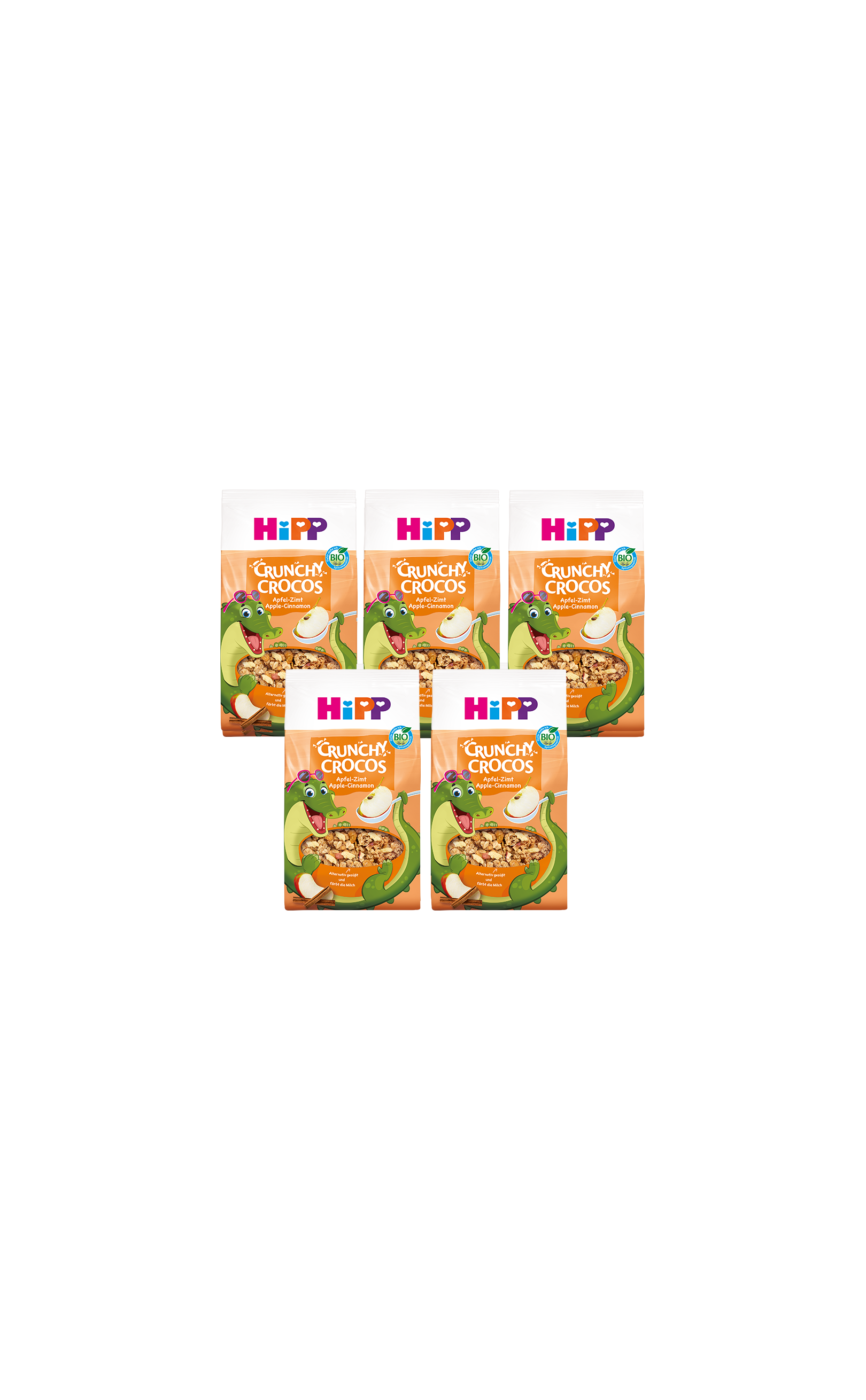 5er-Pack HiPP Crunchy Crocos Bio-Knuspermüsli Apfel-Zimt mit Krokodil-Motiv auf orangefarbener Verpackung
