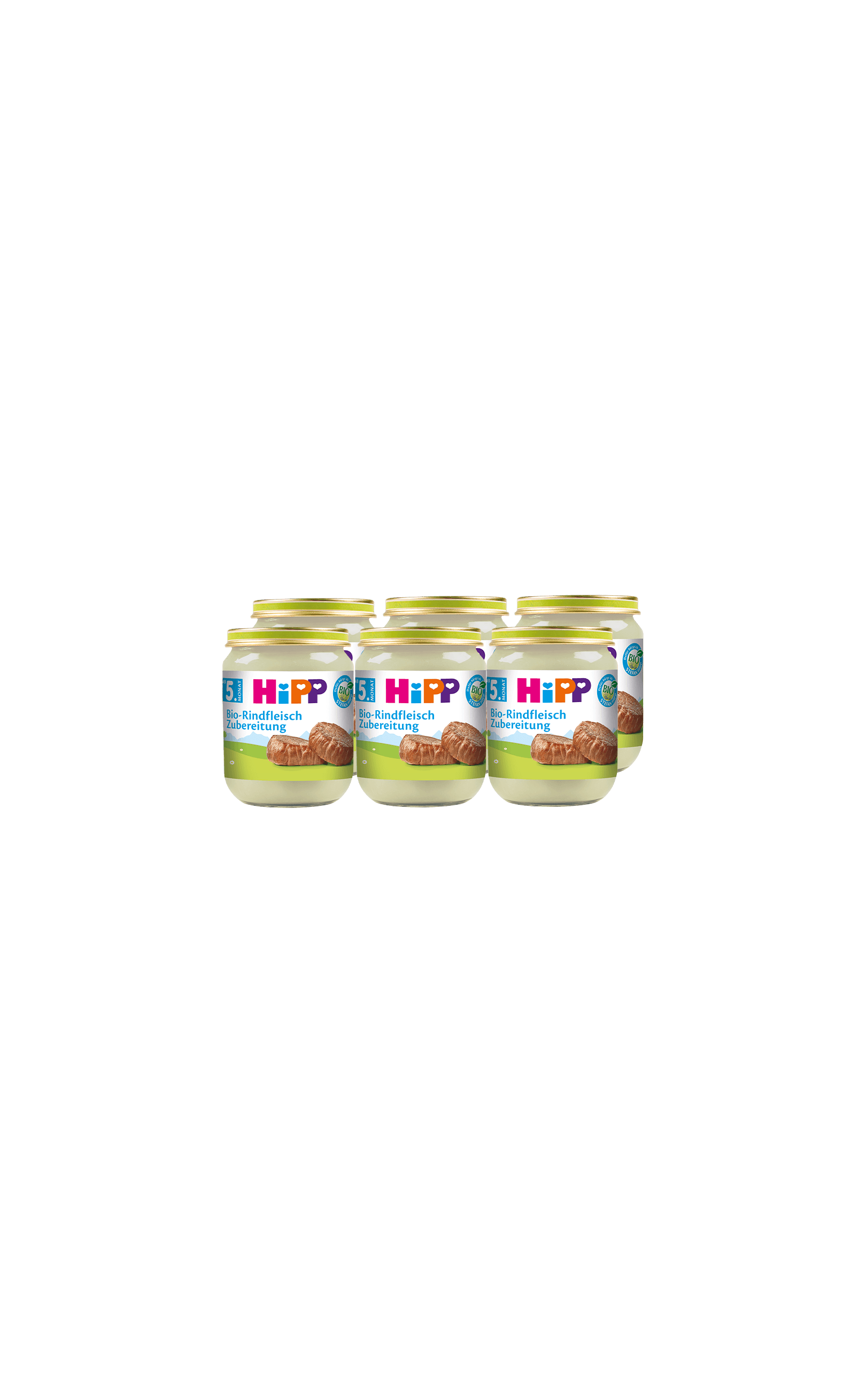 Sechserpack HiPP Bio-Rindfleisch-Zubereitung im 125g-Glas für die schonende Beikost ab dem 5. Monat