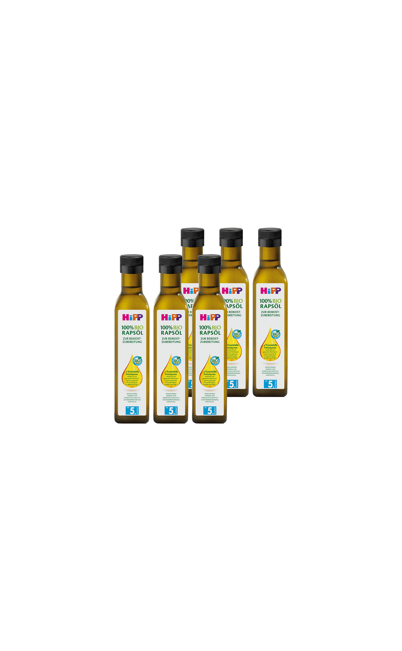 Sechserpack HiPP 100% Bio Rapsöl in 250-ml-Flaschen für die schonende Zubereitung von Babynahrung
