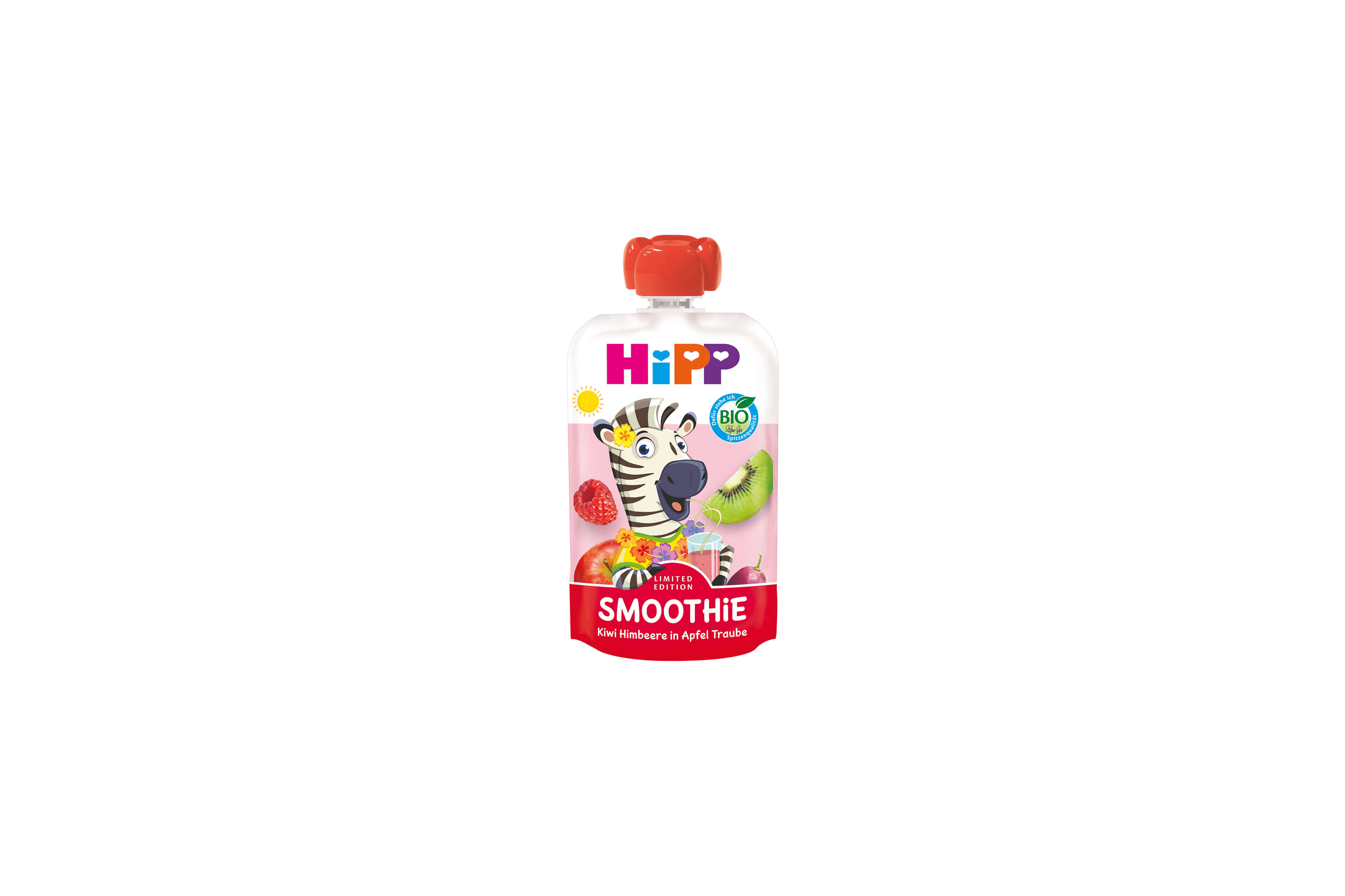 HiPP Bio Smoothie Quetschbeutel Kiwi Himbeere in Apfel Traube mit Zebra-Motiv auf rosa Hintergrund