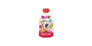 HiPP Bio Smoothie Quetschbeutel Kiwi Himbeere in Apfel Traube mit Zebra-Motiv auf rosa Hintergrund