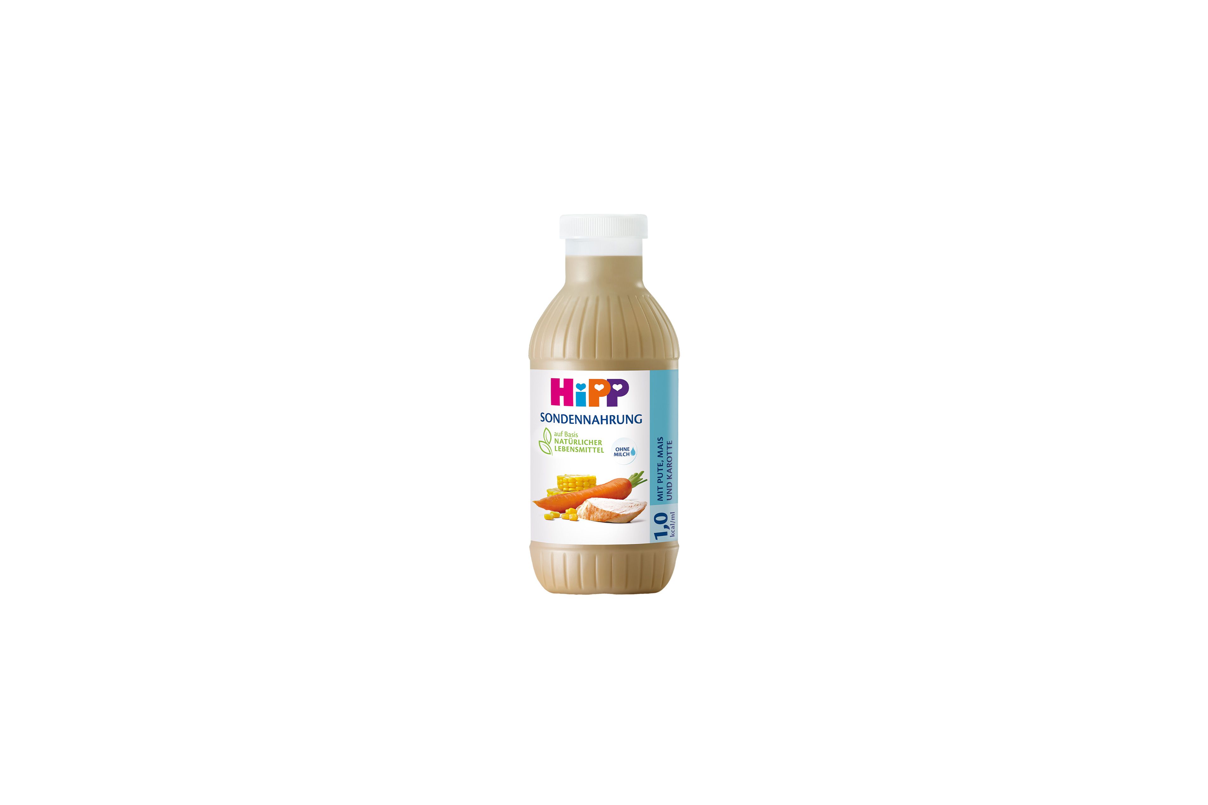 HiPP Sondennahrung 1,0 kcal/ml in Flasche mit Pute, Mais und Karotte auf weißem Hintergrund