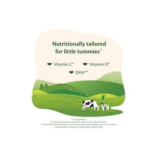 Illustration of green organic fields with cow and calf, highlighting HiPP Organic follow on milk benefits: vitamin C, vitamin D and DHA