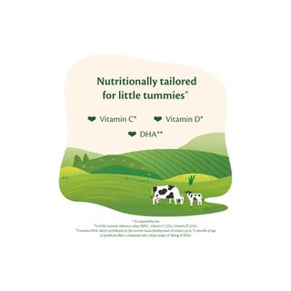 Illustration of green organic fields with cow and calf, highlighting HiPP Organic follow on milk benefits: vitamin C, vitamin D and DHA