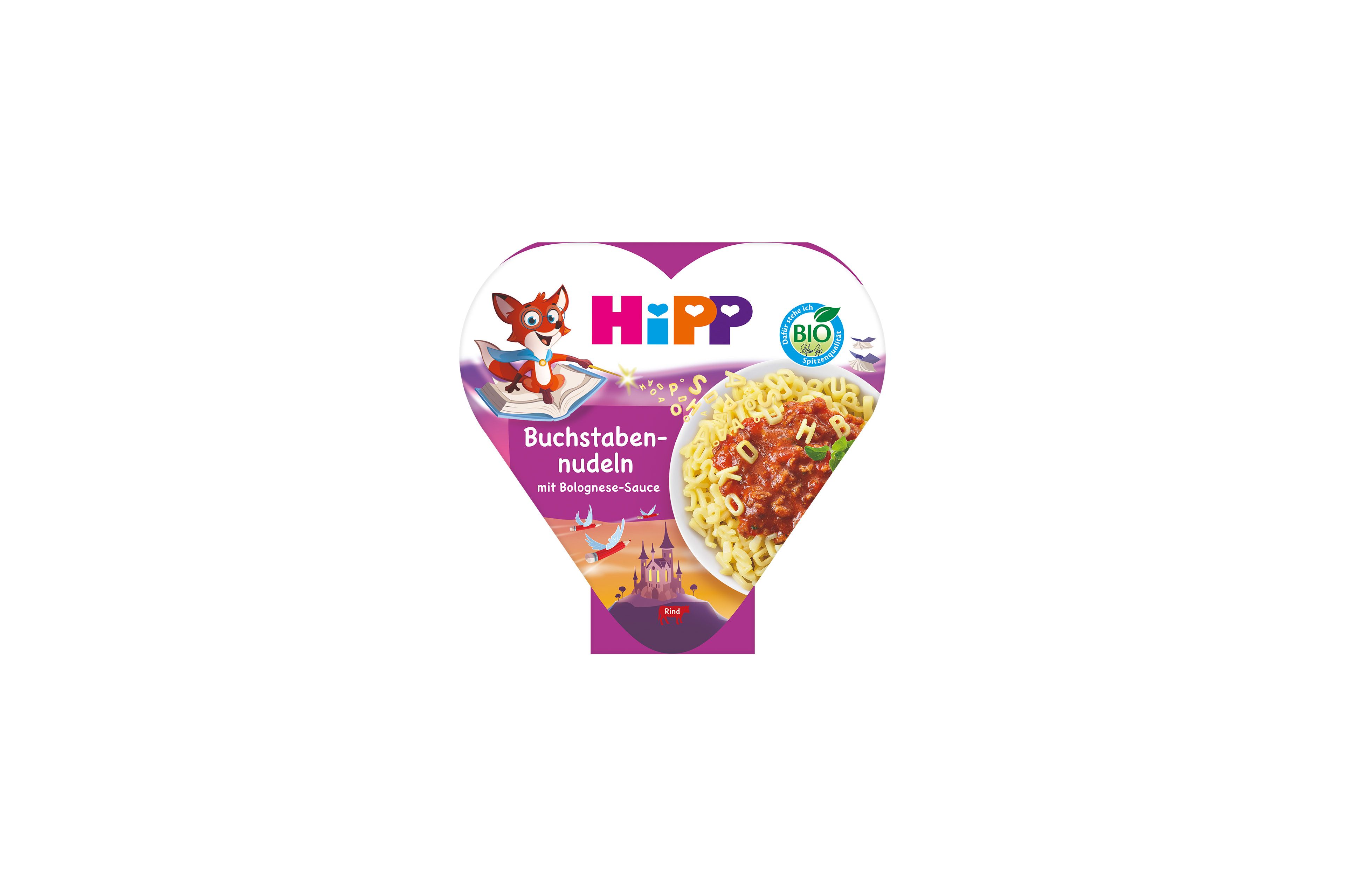 HiPP Bio Herzchen-Schale Buchstabennudeln mit Bolognese-Sauce für Kinder, Verpackung mit Fuchs-Motiv und Nudelgericht-Abbildung