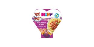 HiPP Bio Herzchen-Schale Buchstabennudeln mit Bolognese-Sauce für Kinder, Verpackung mit Fuchs-Motiv und Nudelgericht-Abbildung