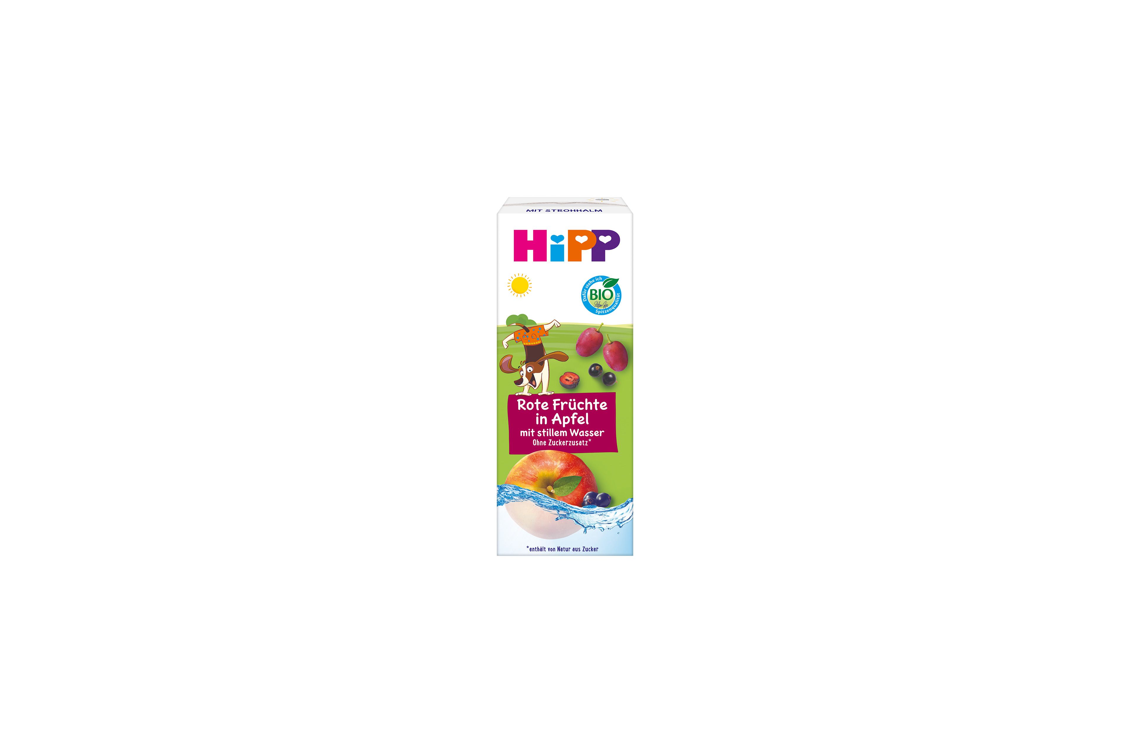 HiPP Bio Kindergetränk Tetrapak „Rote Früchte in Apfel mit stillem Wasser“, 200 ml, mit Früchten und Wasserwelle auf der Packung