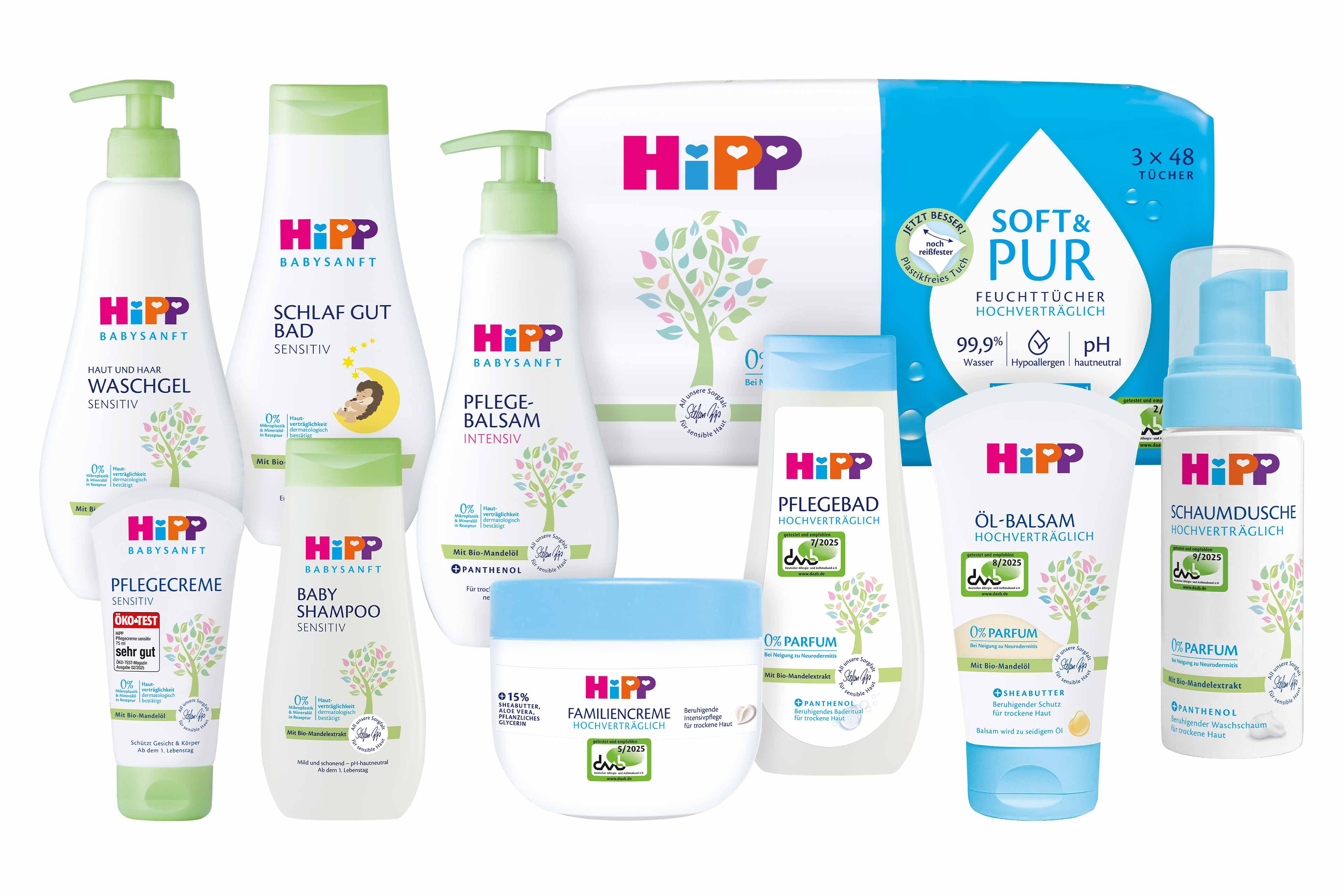 HiPP Babysanft Basispflege-Sortiment mit sensitiven Produkten und Feuchttüchern für hochsensible, zu Neurodermitis neigende Babyhaut