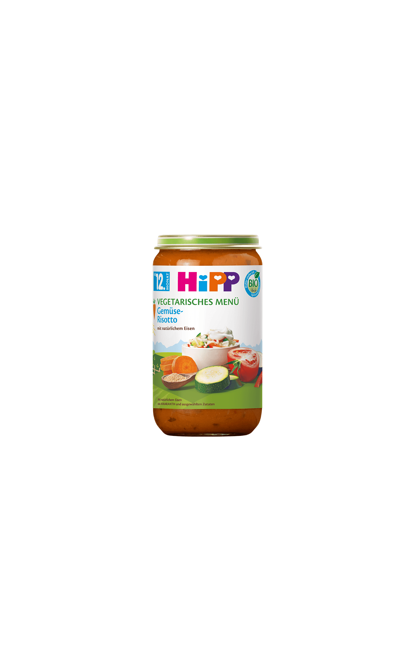 HiPP Vegetarisches Menü Gemüse-Risotto im Bio-Gläschen ab 12 Monaten, mit Gemüse und Reis auf dem Etikett