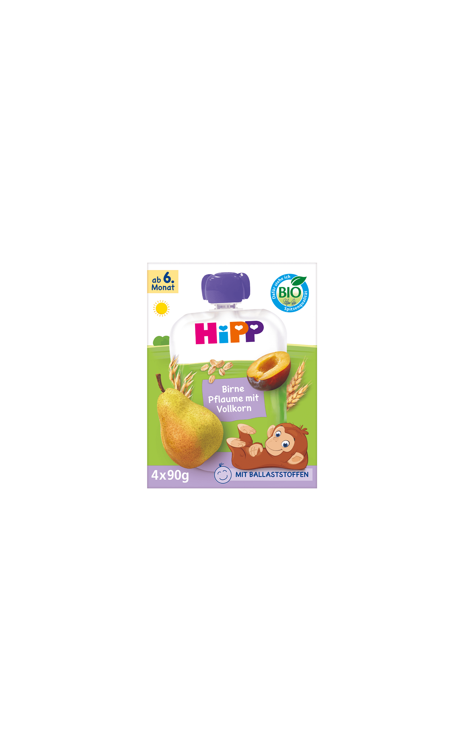HiPP Bio Quetschie Birne Pflaume mit Vollkorn, 4×90g, ab 6. Monat, mit Ballaststoffen aus Vollkorngetreide