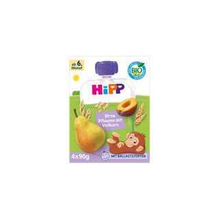 HiPP Bio Quetschie Birne Pflaume mit Vollkorn, 4×90g, ab 6. Monat, mit Ballaststoffen aus Vollkorngetreide