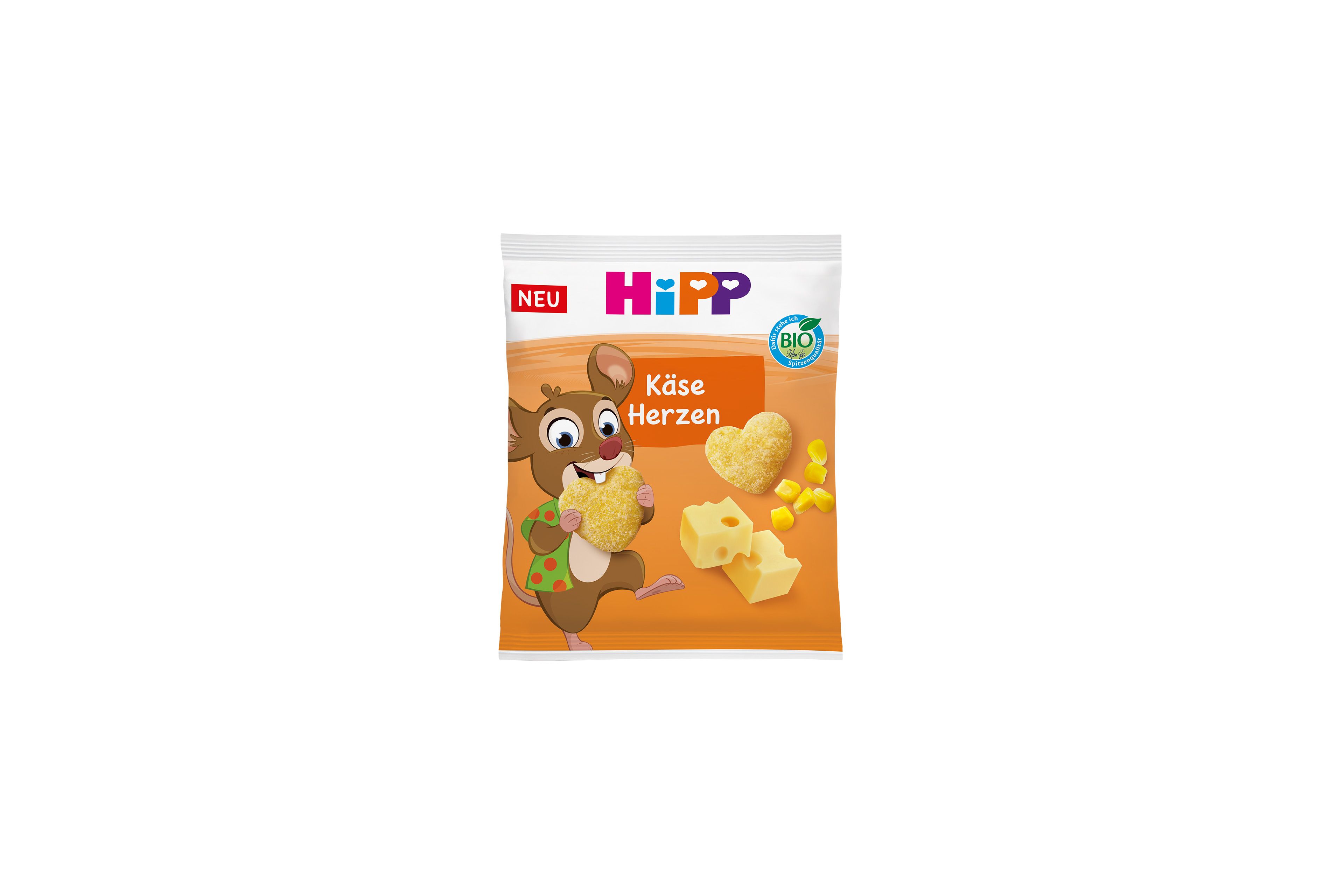 HiPP Bio Käse Herzen in orangefarbener Packung mit Mausmotiv, Käse und herzförmigen Snacks