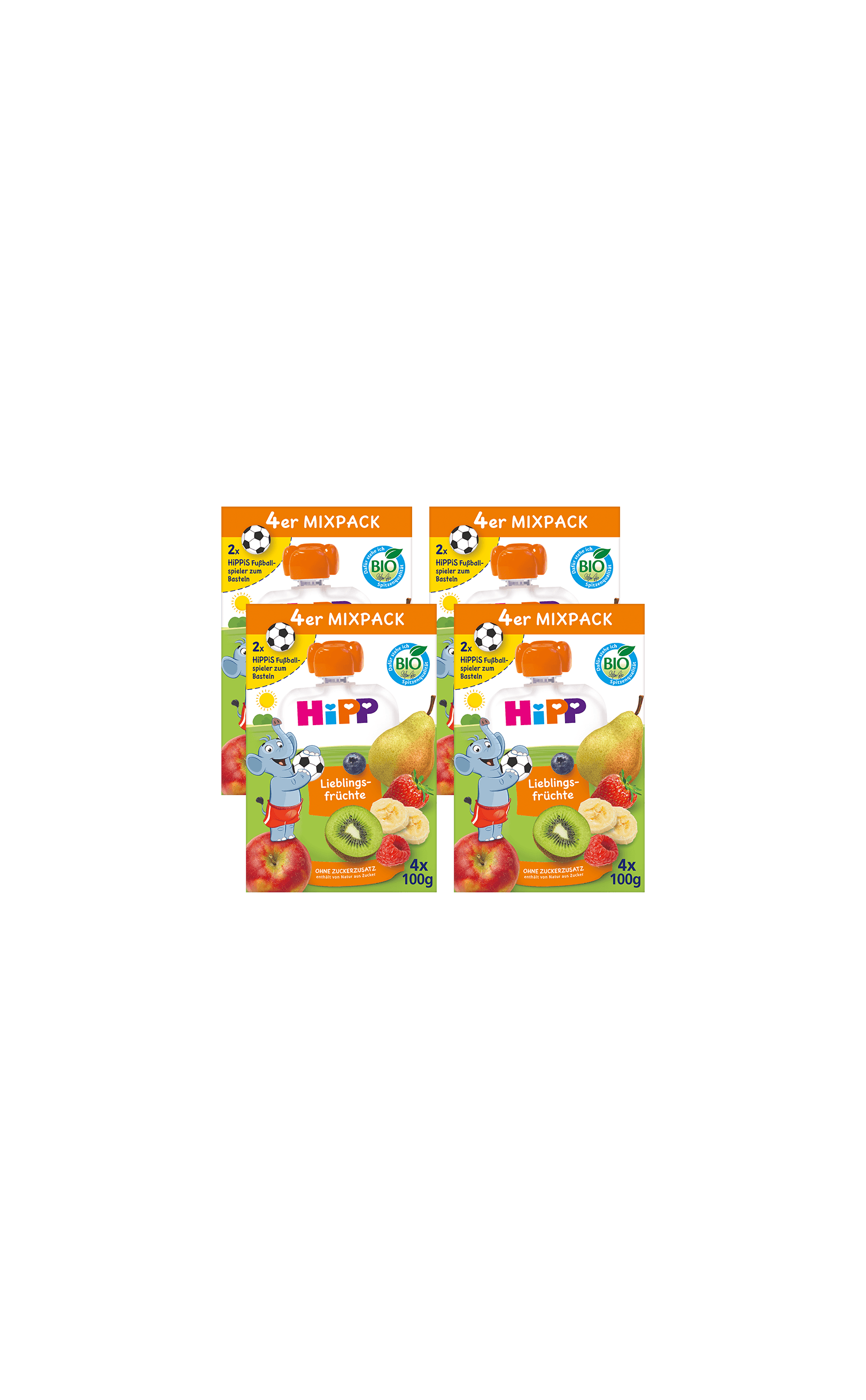 Vier HiPP Bio Quetschbeutel-Mixpacks Lieblingsfrüchte, je 4×100g, mit Obstmotiven und spielender Maus auf der Verpackung