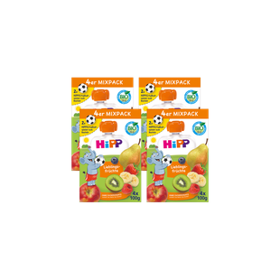 Vier HiPP Bio Quetschbeutel-Mixpacks Lieblingsfrüchte, je 4×100g, mit Obstmotiven und spielender Maus auf der Verpackung