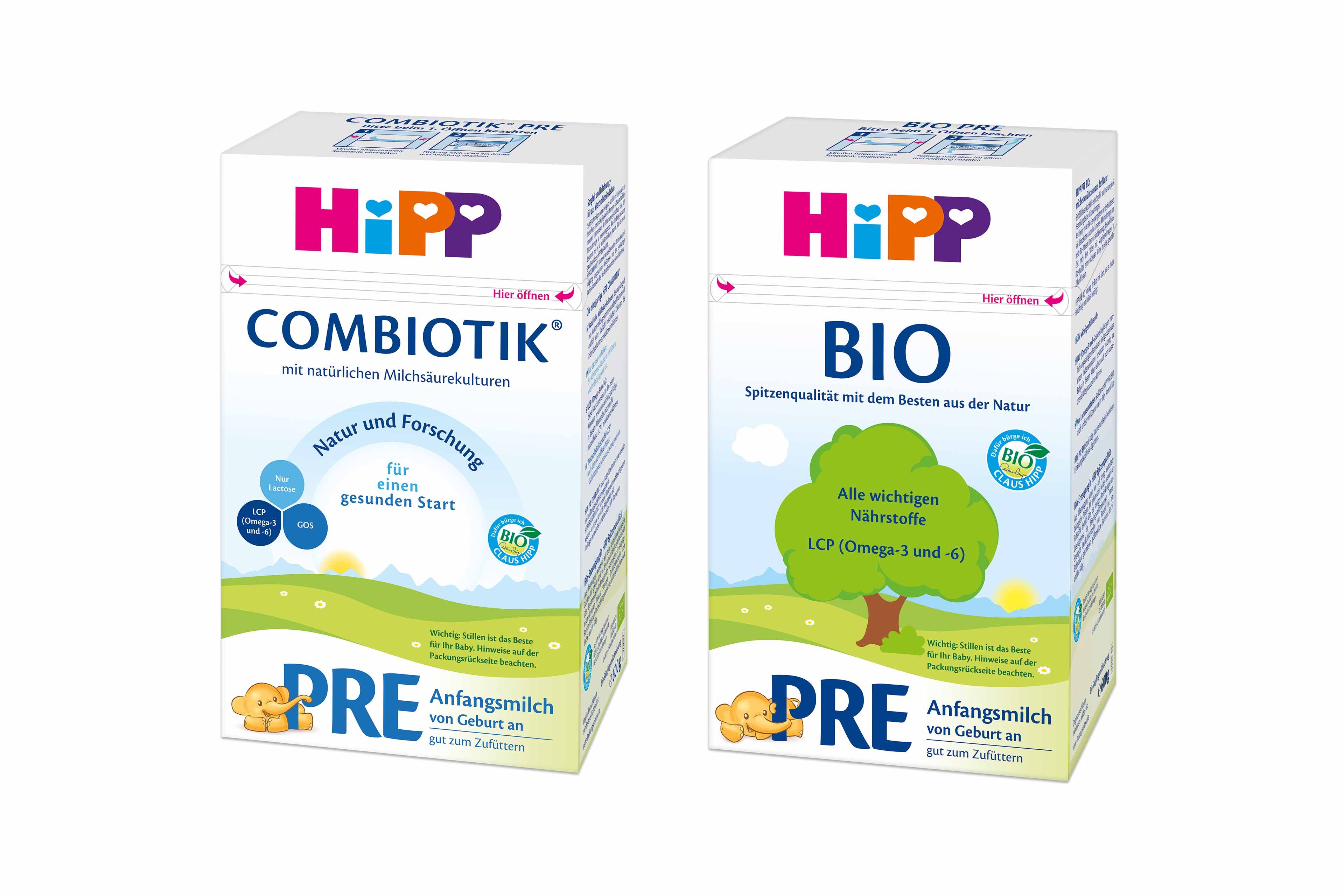 Zwei Packungen mit Babynahrung: "Combiotik" und "Bio", beide mit den Bezeichnungen "PRE" und "Gut zum Zufüttern". Sie sind in einem grün-blauen Farbschema gehalten und legen den Schwerpunkt auf biologische und natürliche Zutaten.