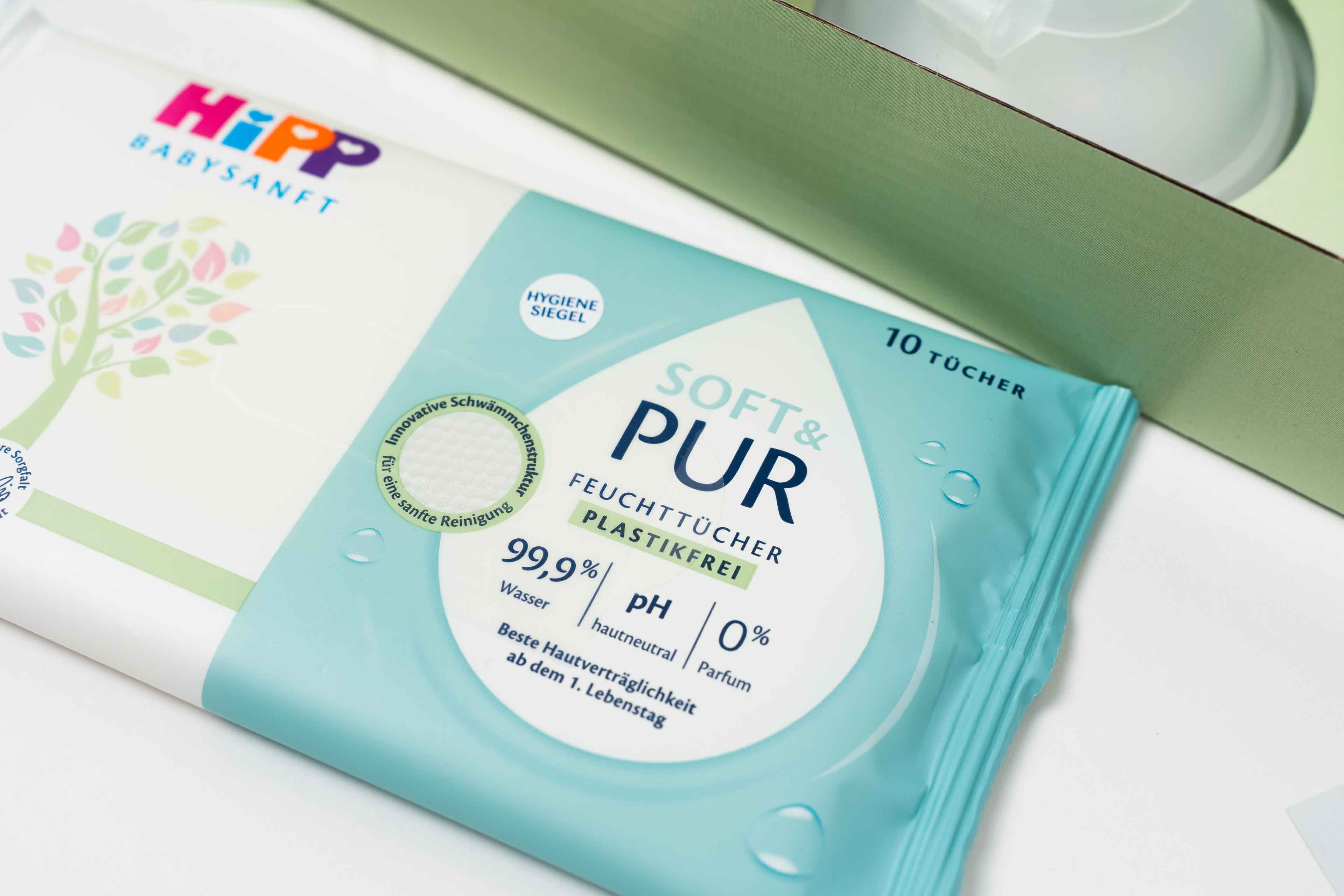 Packung HiPP Babysanft Soft & Pur Feuchttücher mit Hygienesiegel und Angaben zu Inhaltsstoffen und Hautverträglichkeit