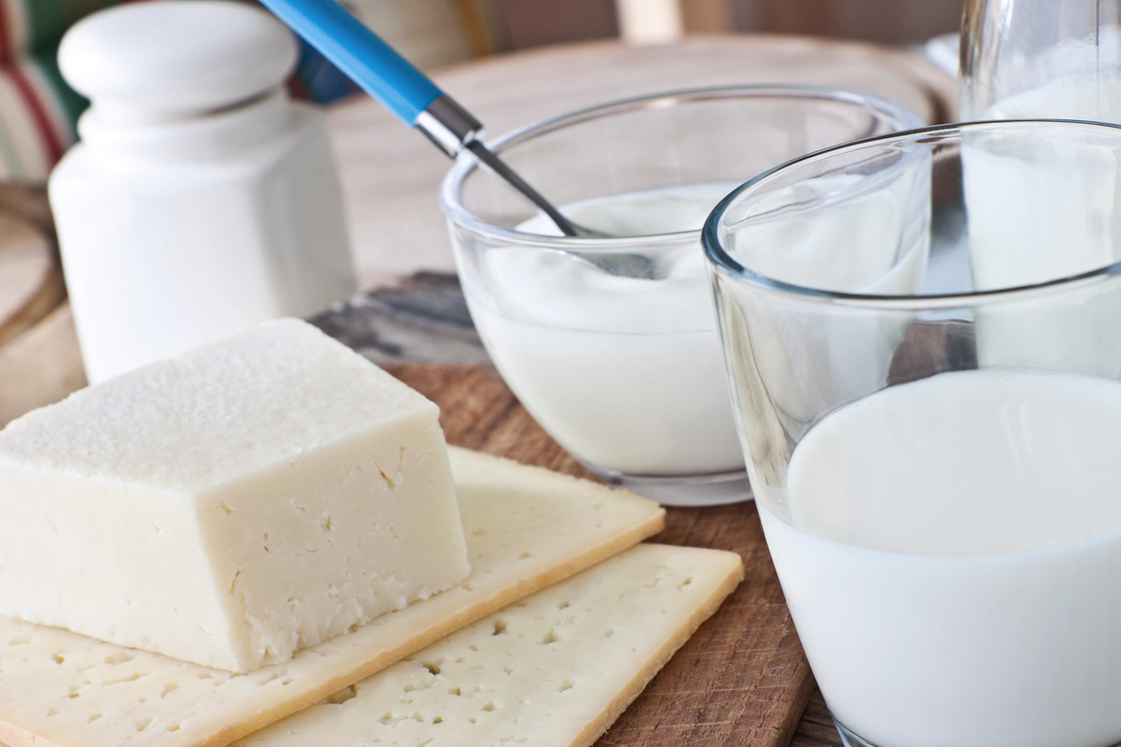 Verschiedene Molkereiprodukte, darunter ein Stück Käse, ein Glas Milch und ein Behälter mit Joghurt, die alle auf einer Holzunterlage platziert sind.