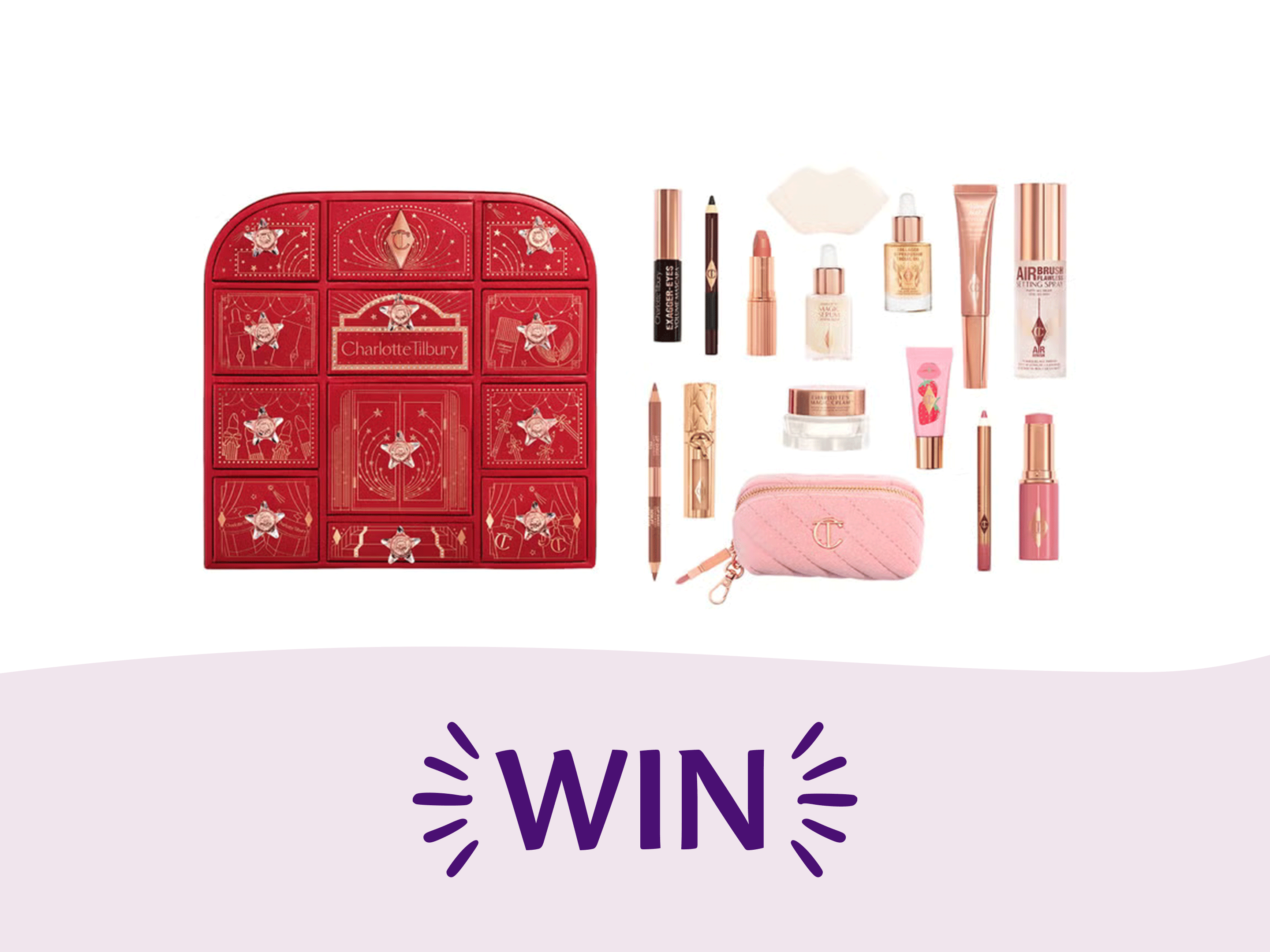 A Charlotte Tilbury beauty advent calendar in crimson red with gold details, displayed next to various makeup and skincare products and a pink quilted pouch, above large purple text that reads "WIN".