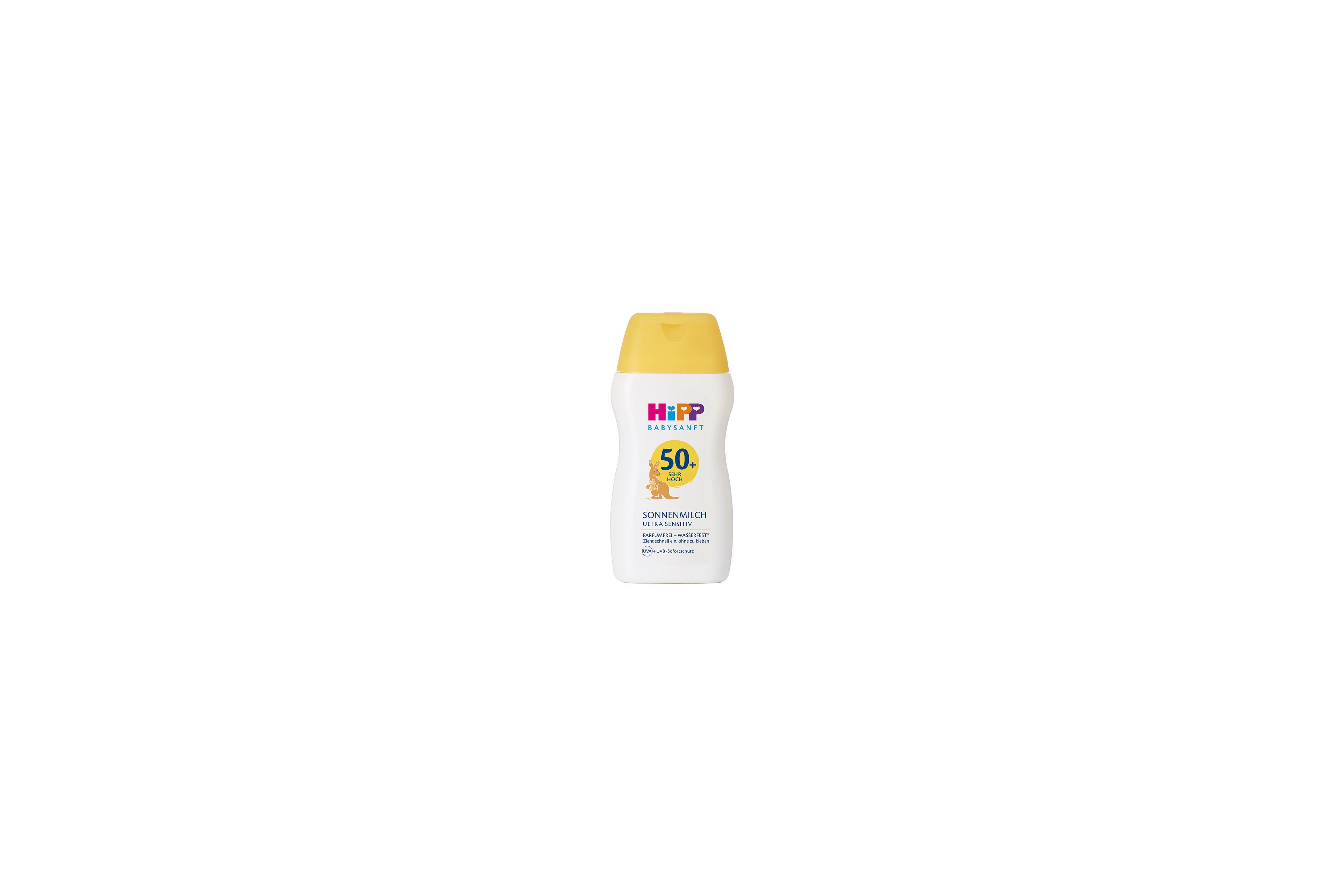 HiPP Babysanft Sonne Sonnenmilch LSF 50+ Mini Flasche mit gelbem Deckel auf weißem Hintergrund