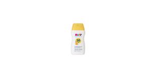 HiPP Babysanft Sonne Sonnenmilch LSF 50+ Mini Flasche mit gelbem Deckel auf weißem Hintergrund