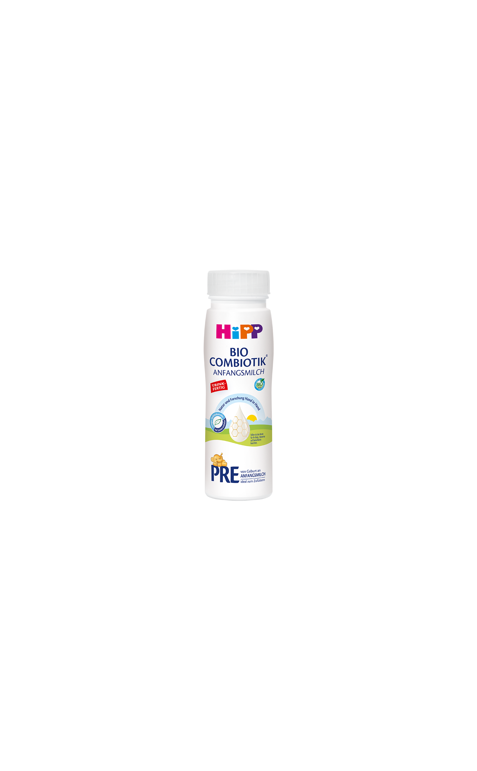 HiPP PRE BIO Combiotik® trinkfertige Anfangsmilch in 200ml-Flasche mit weißem Deckel auf weißem Hintergrund