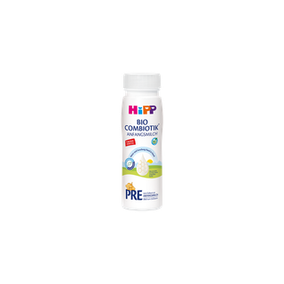 HiPP PRE BIO Combiotik® trinkfertige Anfangsmilch in 200ml-Flasche mit weißem Deckel auf weißem Hintergrund