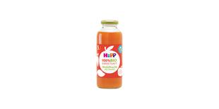 HiPP 100% Bio Direktsaft Multifrucht mit Karotte in Glasflasche mit orangefarbenem Saft auf weißem Hintergrund