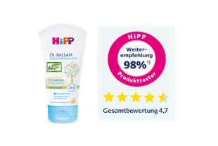 HiPP Öl-Balsam-Tube mit Siegel und Infografik mit fünf Sternen, dem Text 'HiPP Weiterempfehlung 98%¹ Produktester' und 'Gesamtbewertung 4,7'.