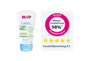 HiPP Öl-Balsam-Tube mit Siegel und Infografik mit fünf Sternen, dem Text 'HiPP Weiterempfehlung 98%¹ Produktester' und 'Gesamtbewertung 4,7'.