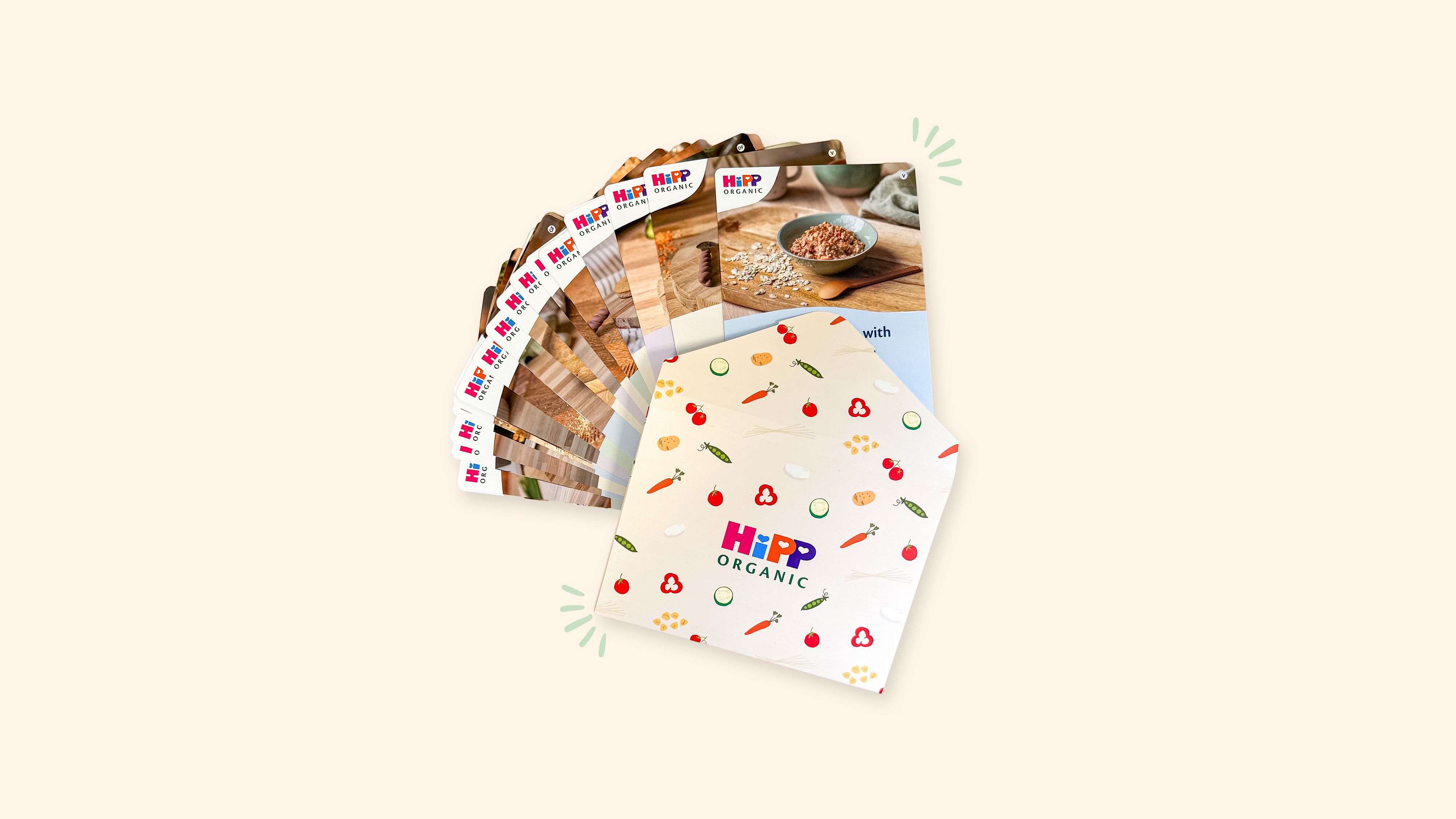 HiPP Organic Recipe Pack showing a variety of recipe cards coming out of it