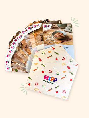 HiPP Organic Recipe Pack showing a variety of recipe cards coming out of it