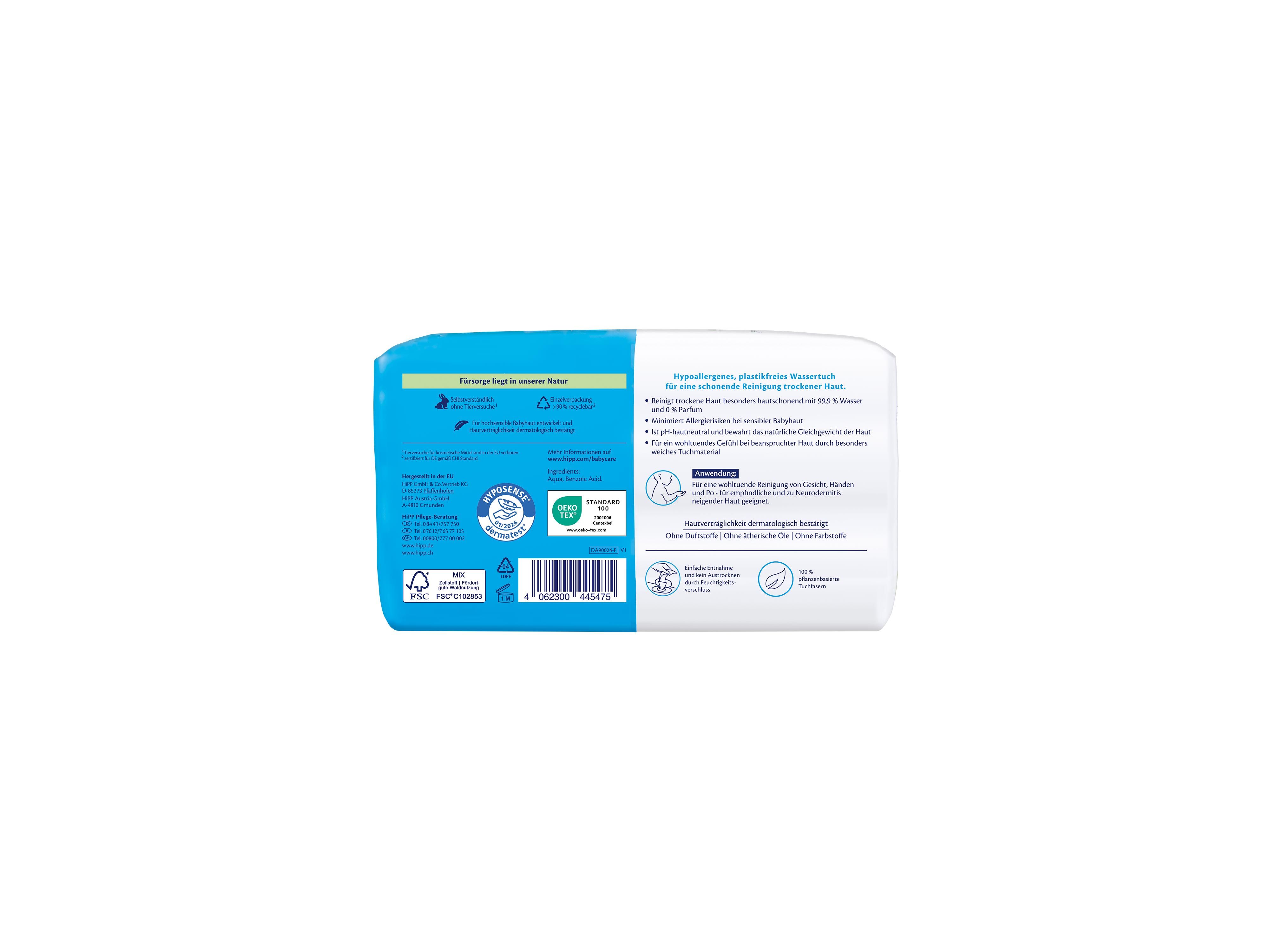 Rückseite einer Verpackung mit Text, Symbolen und einem Barcode auf weiß-blauem Hintergrund